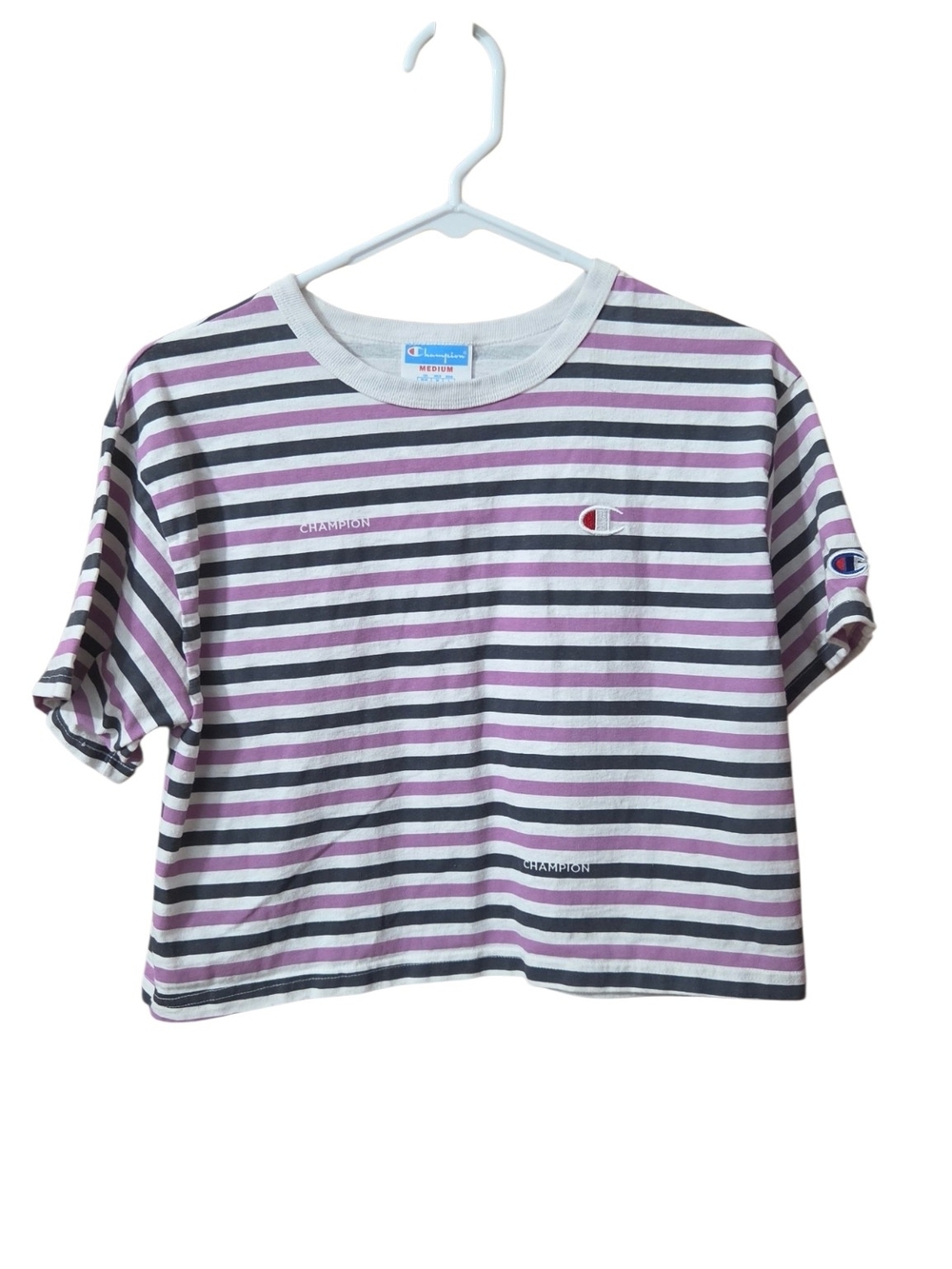 Champion Striped Crop Tee in Purple, White & Black